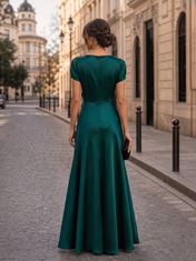 Dark Green Cowl Neck Short Sleeve Rosette Draped A-Line Floor-Length Gown Dress