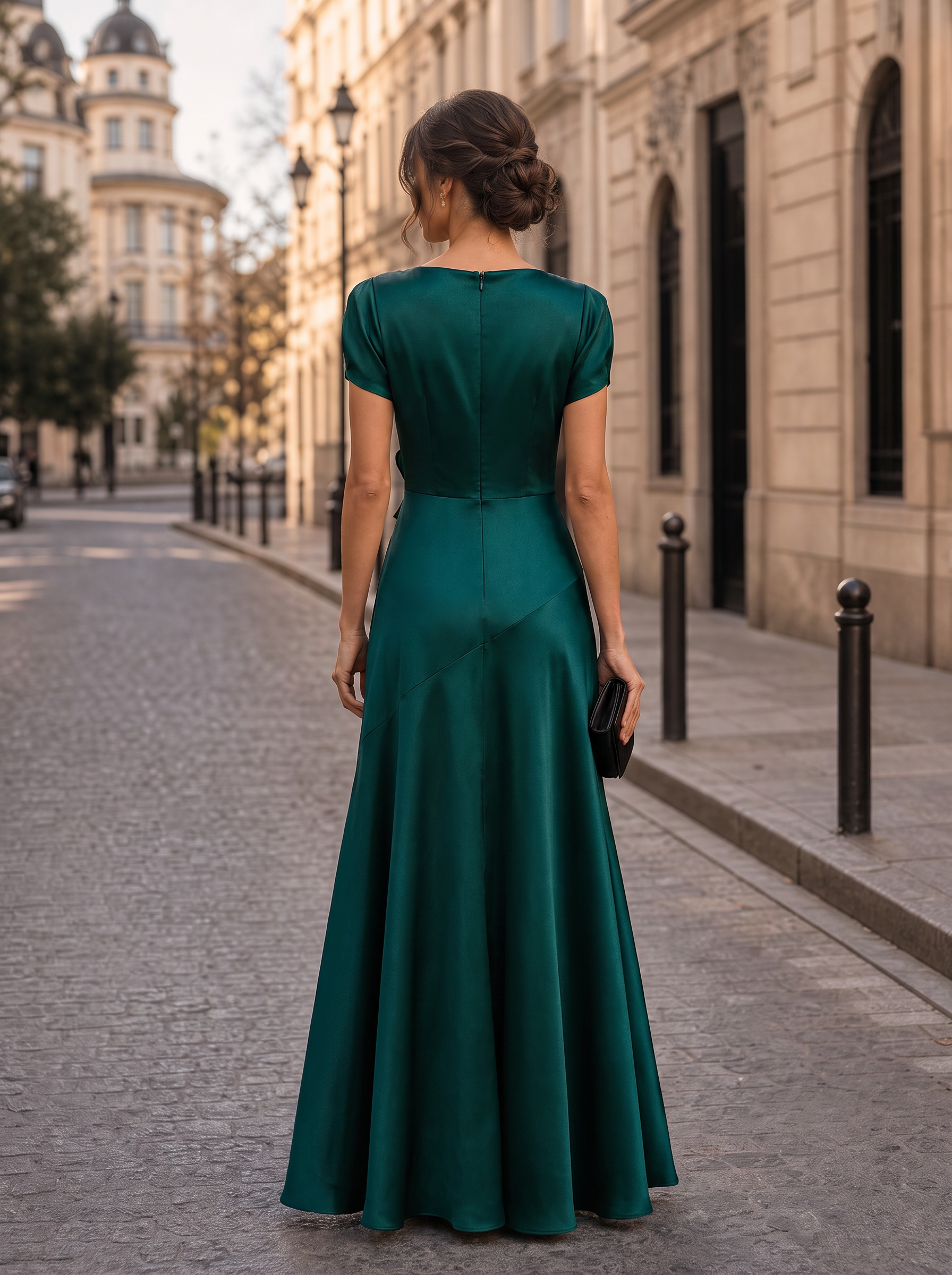 Dark Green Cowl Neck Short Sleeve Rosette Draped A-Line Floor-Length Gown Dress