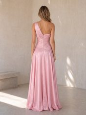 Pink One-Shoulder Draped Ruffle A-Line Floor-Length Gown Dress