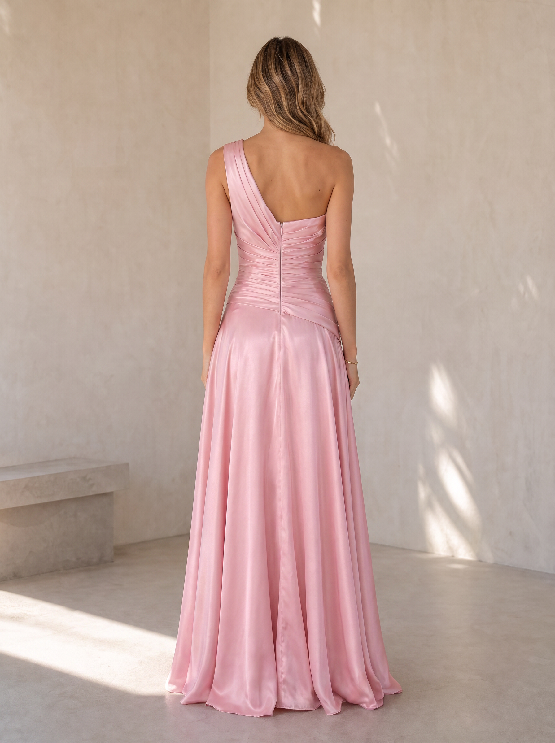 Pink One-Shoulder Draped Ruffle A-Line Floor-Length Gown Dress