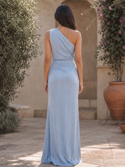 Dusty Blue One-Shoulder Cascading Ruffle Satin Floor-Length Gown Dress