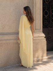 Yellow One-Shoulder Draped Split Sheath Floor-Length Gown Dress