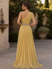 Yellow One-Shoulder Ruched Beaded Floor-Length Gown Dress