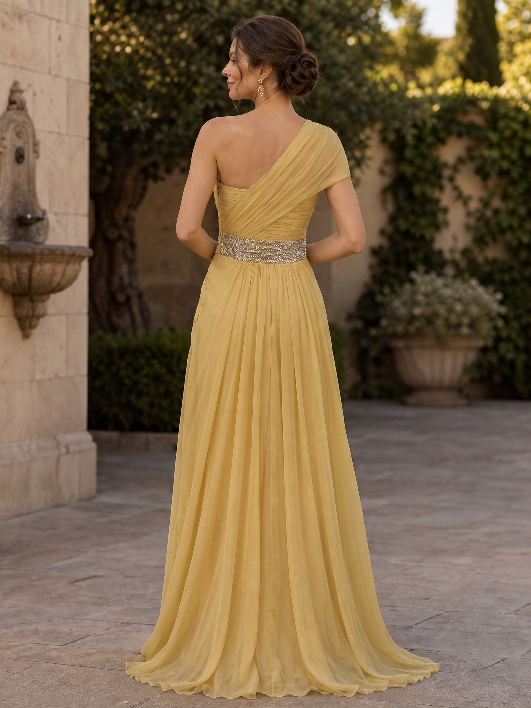 Yellow One-Shoulder Ruched Beaded Floor-Length Gown Dress
