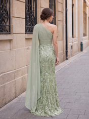 Sage Green One-Shoulder Ruched Sequin Lace Floor-Length Gown Dress
