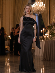 One-Shoulder Black Satin Evening Dresses with Flowing Shoulder Sash