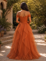 Rust Orange Off-the-Shoulder Tiered Tulle Floor-Length Gown Dress