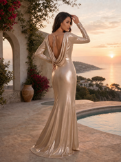 Boat-Neck Draped Cowl Back Champagne Gold Floor-Length Evening Dresses with Long Sleeves