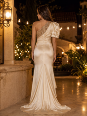 Champagne One-Shoulder Sequin Satin Mermaid Floor-Length Gown Dress