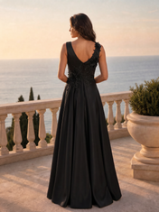 Floral Appliqued Sleeveless Pleated Satin Evening Dresses