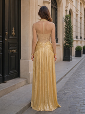 High-Neck Amber Gold Long-Sleeve Evening Dresses with Draped Waist and Beaded Illusion Tulle