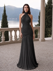 Dark Grey Halter Neck Sleeveless Pleated Lace Panel Sheath Floor-Length Gown Dress