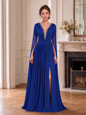 Royal Blue V-Neck Sleeveless Beaded Cape Sleeve A-Line Floor-Length Gown Dress