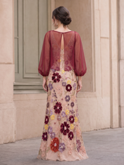 Burgundy Multi-Color Floral Sequin Lace Long Sleeve Floor-Length Gown Dress