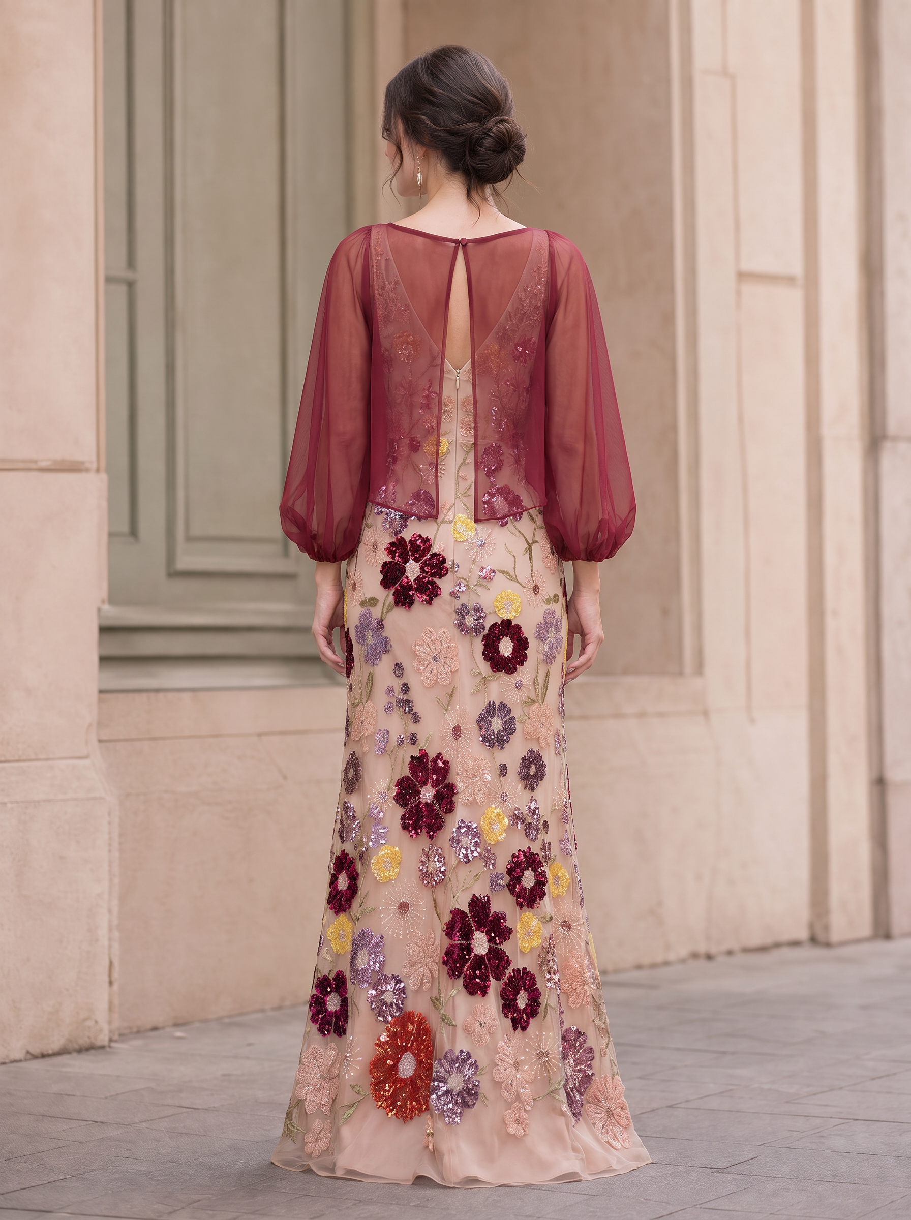 Burgundy Multi-Color Floral Sequin Lace Long Sleeve Floor-Length Gown Dress