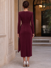 Burgundy V-Neck Long Sleeve Draped Midi Gown Dress