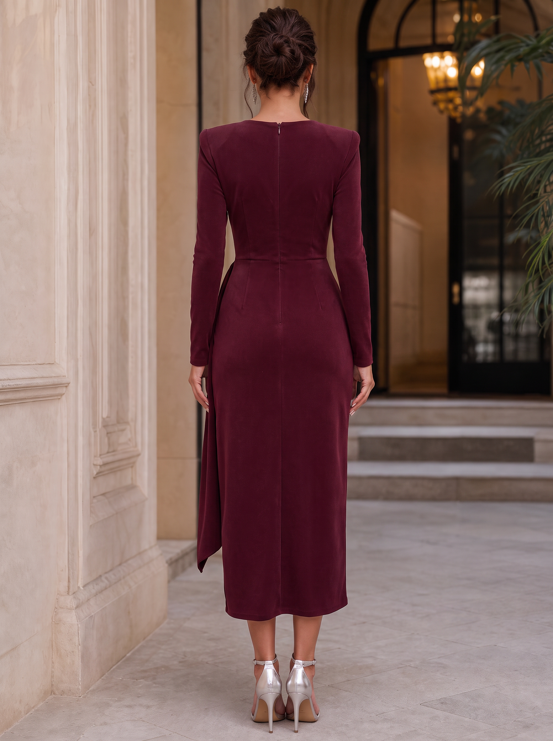 Burgundy V-Neck Long Sleeve Draped Midi Gown Dress