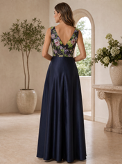 Navy Satin and Sequin Floral V-Neck A-Line Floor-Length Gown Dress