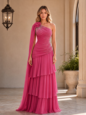 Fuchsia One-Shoulder Beaded Tiered Chiffon Floor-Length Gown Dress
