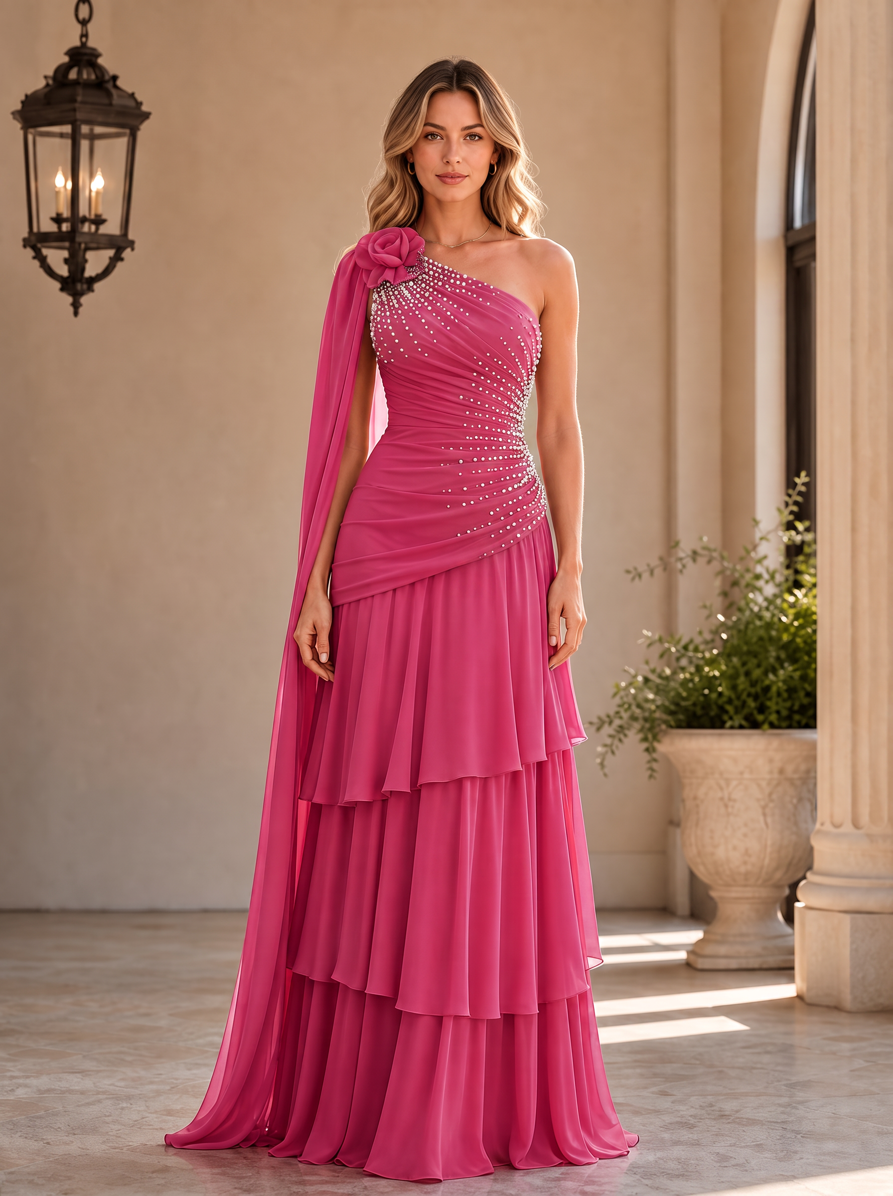 Fuchsia One-Shoulder Beaded Tiered Chiffon Floor-Length Gown Dress