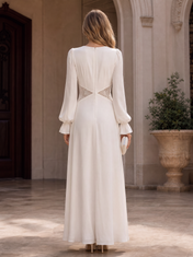 Ivory White V-Neck Long Sleeve Lace-Paneled Floor-Length Gown Dress