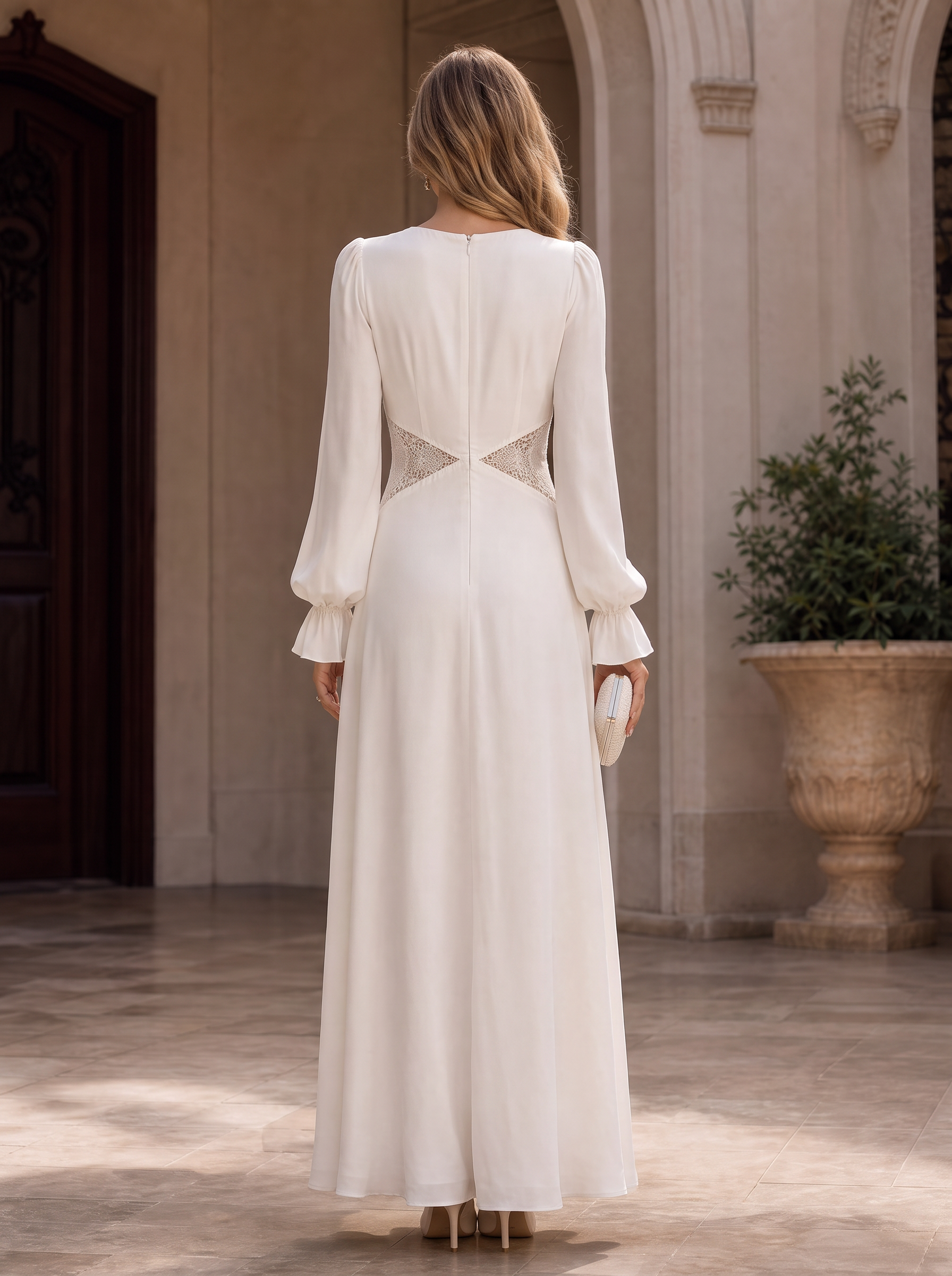 Ivory White V-Neck Long Sleeve Lace-Paneled Floor-Length Gown Dress