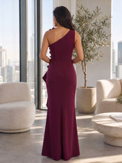 Burgundy One-Shoulder Floral Applique Floor-Length Gown Dress