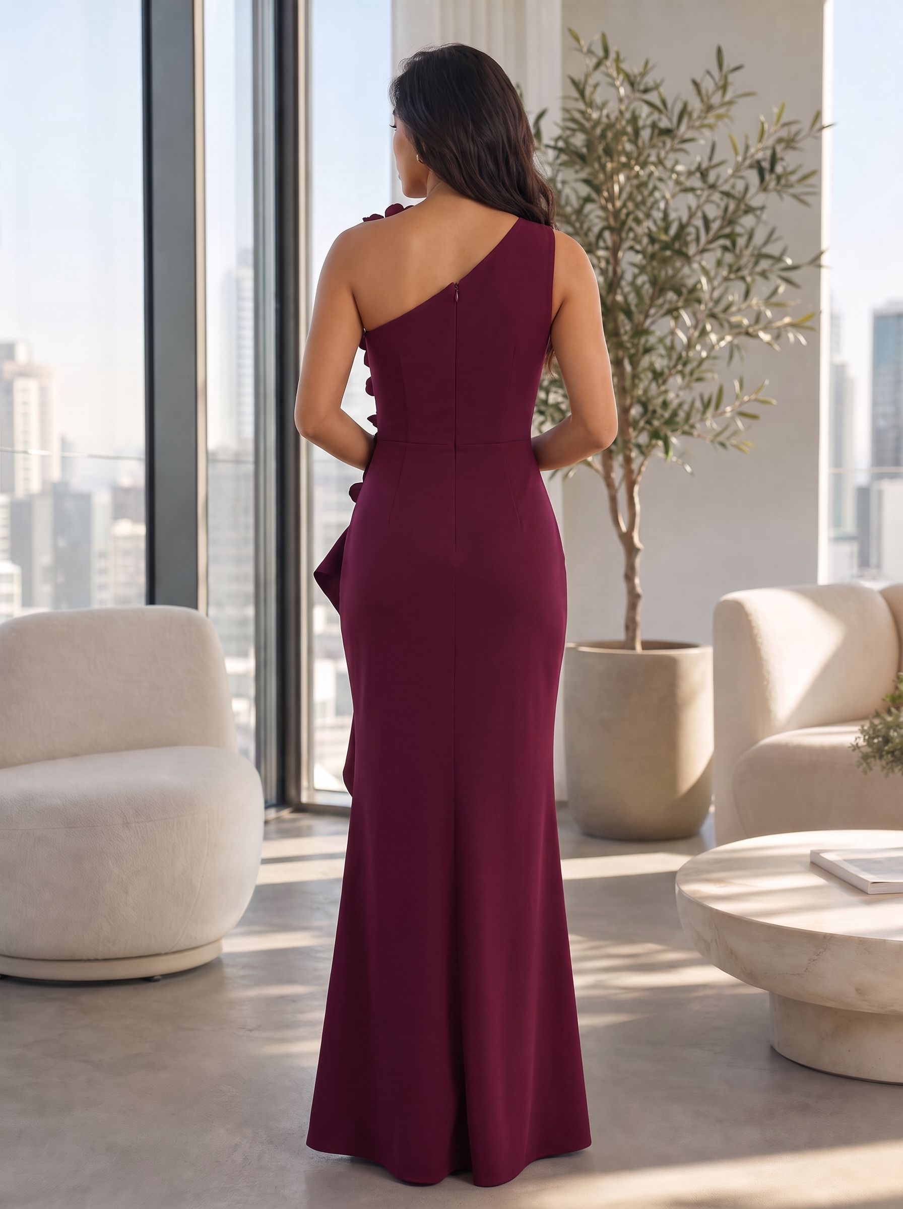 Burgundy One-Shoulder Floral Applique Floor-Length Gown Dress