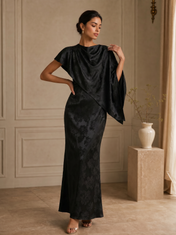 Asymmetric Draped Satin Floral Jacquard Mother of The Bride Dresses with Capelet