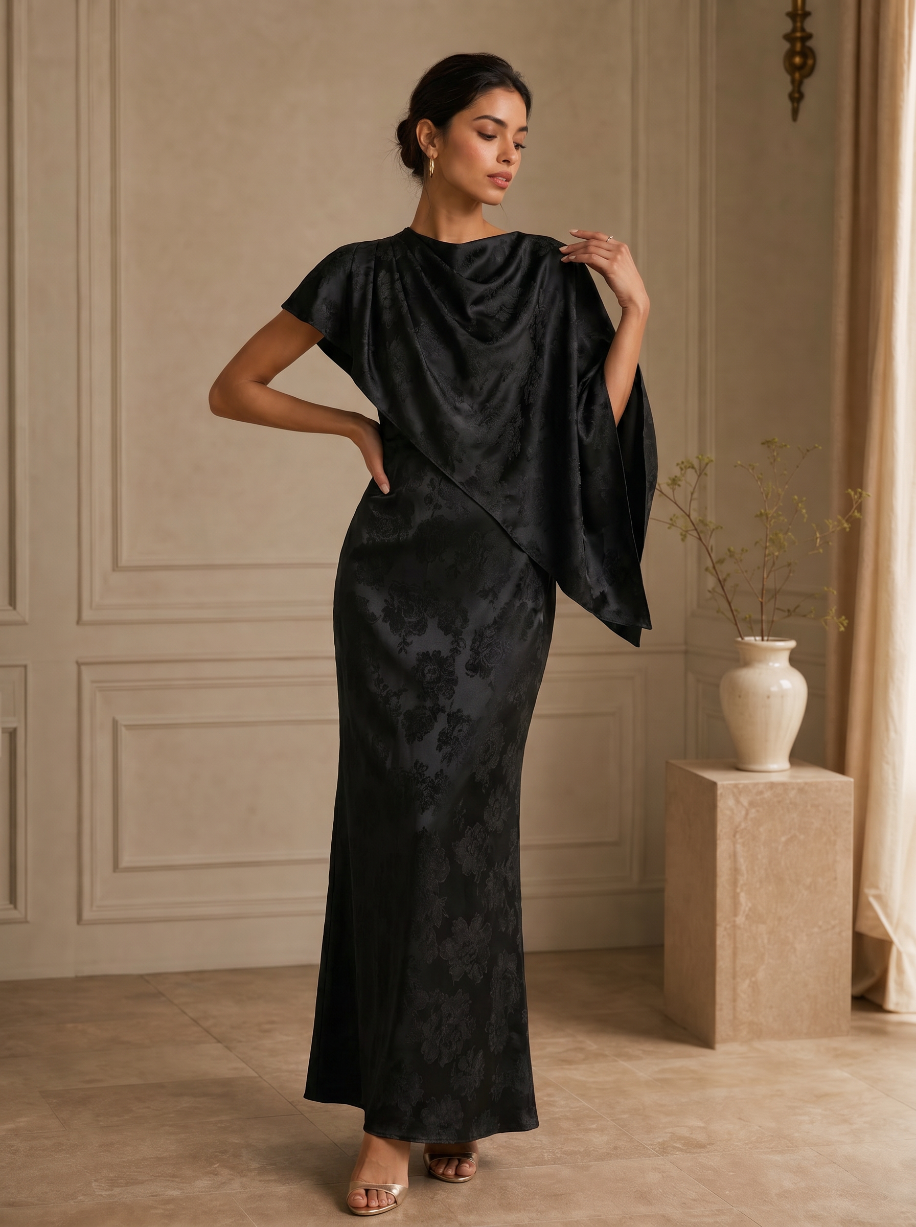 Asymmetric Draped Satin Floral Jacquard Mother of The Bride Dresses with Capelet