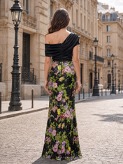 Black and Multi-Color Satin and Floral Sequin Mesh One-Shoulder Sheath Floor-Length Gown Dress