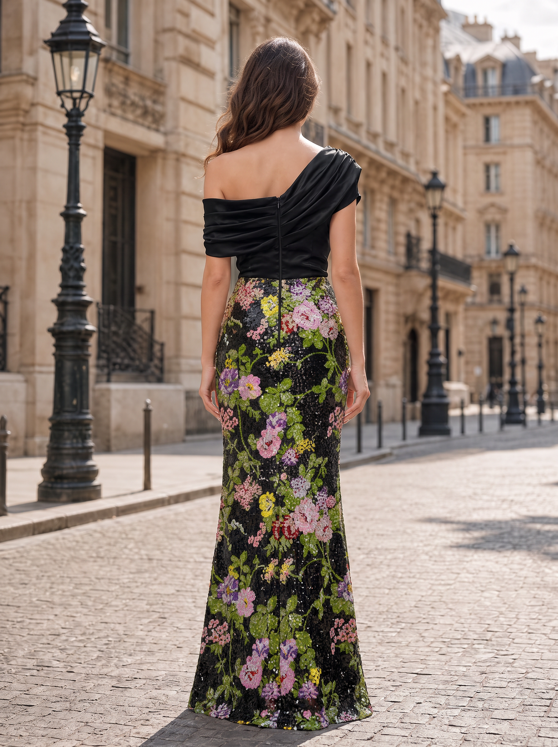 Black and Multi-Color Satin and Floral Sequin Mesh One-Shoulder Sheath Floor-Length Gown Dress