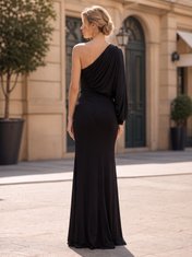 Black Pleated One-Shoulder High-Slit Floor-Length Gown Dress