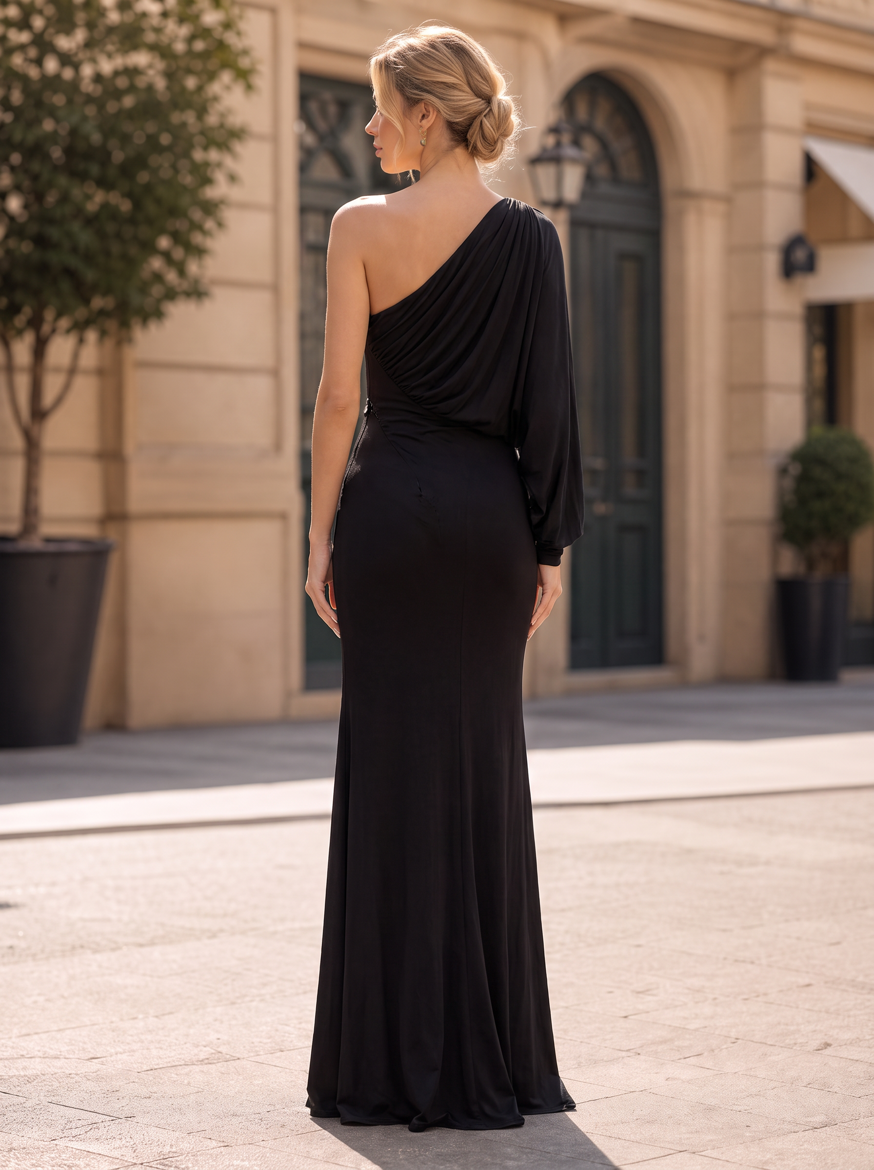Black Pleated One-Shoulder High-Slit Floor-Length Gown Dress