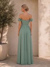 Sage Green Off-the-Shoulder Ruched Chiffon Floor-Length Gown Dress