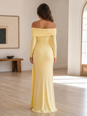 Off-the-Shoulder Pale Yellow Crepe Evening Dresses with Long Sleeves and Side Sashes