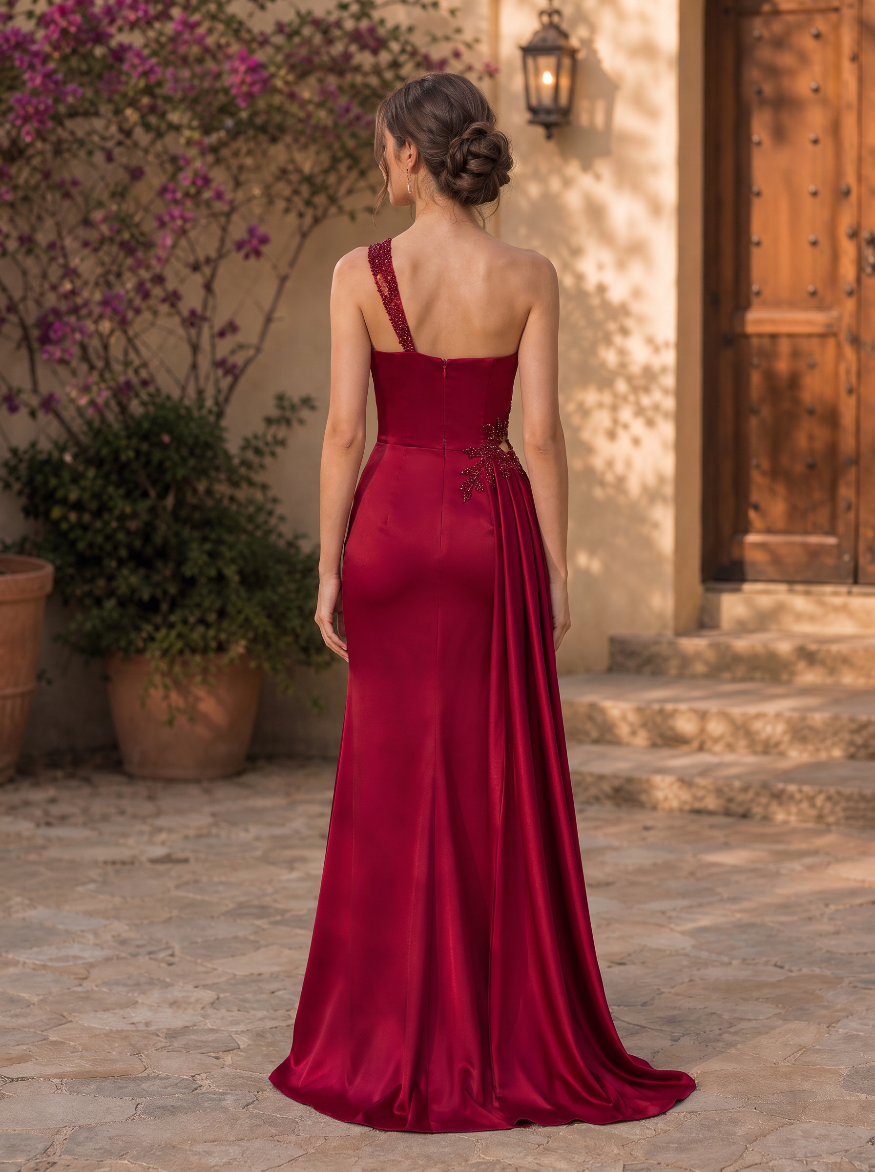 Burgundy One-Shoulder Beaded Cutout Satin Floor-Length Gown Dress