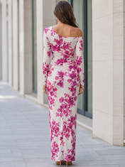White and Magenta Floral Milk Silk One-Shoulder High-Slit Sheath Floor-Length Gown Dress
