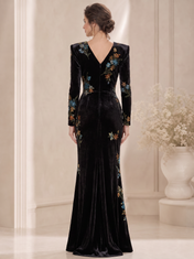 Black Embroidered Floral Velvet Long-Sleeve Mermaid Floor-Length Gown Dress
