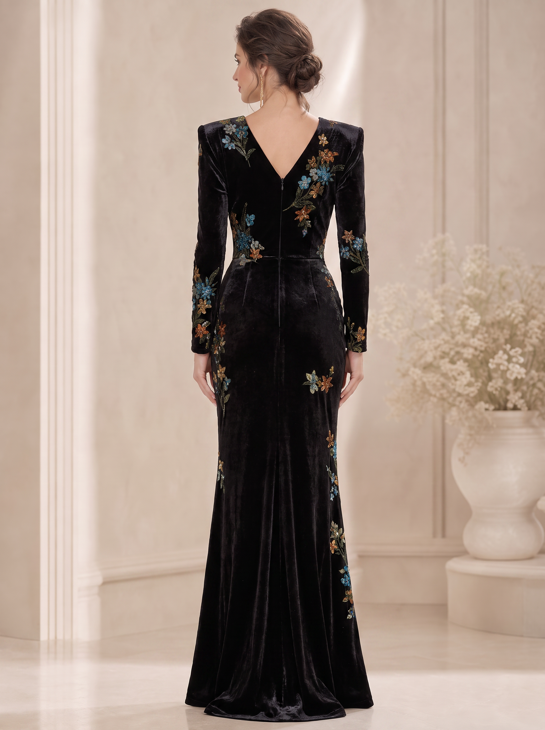 Black Embroidered Floral Velvet Long-Sleeve Mermaid Floor-Length Gown Dress
