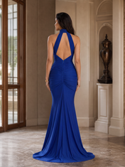 Royal Blue High Neck Halter Ruched Jersey Floor-Length Gown Dress