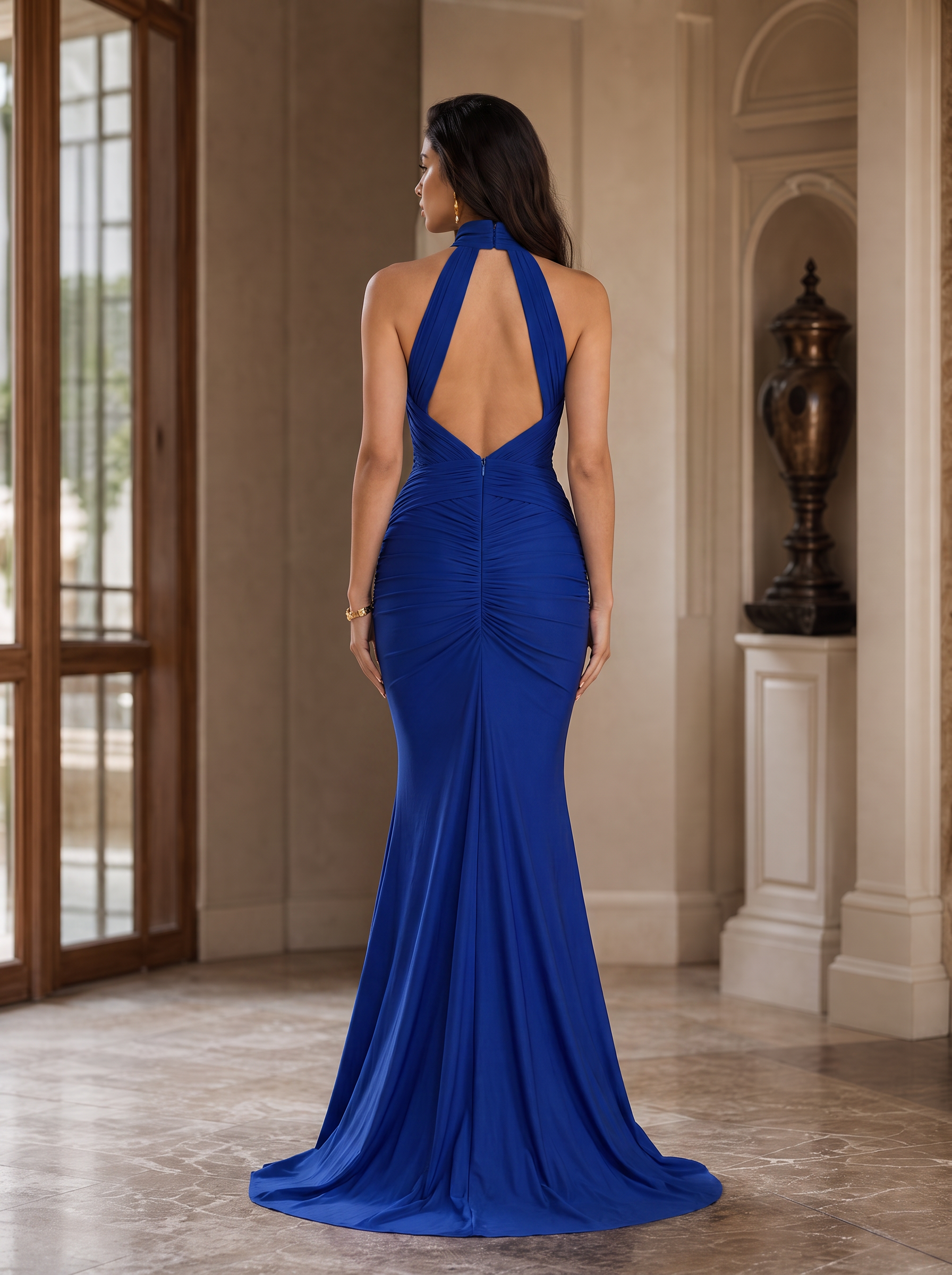Royal Blue High Neck Halter Ruched Jersey Floor-Length Gown Dress