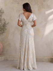 Champagne Gold V-Neck Ruched Metallic Brocade Floor-Length Gown Dress