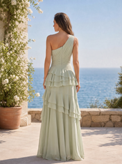 One-Shoulder Ruched Chiffon Sage Green Gown with Cascading Ruffle High Slit Evening Dresses