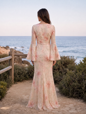 Blush Pink Floral Chiffon V-Neck Ruffled High-Slit Mermaid Floor-Length Gown Dress