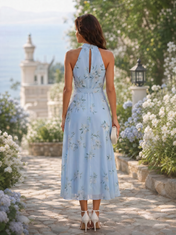 Halter Neck Flower Detail Light Blue Floral Chiffon Midi Dresses with Waist Sash