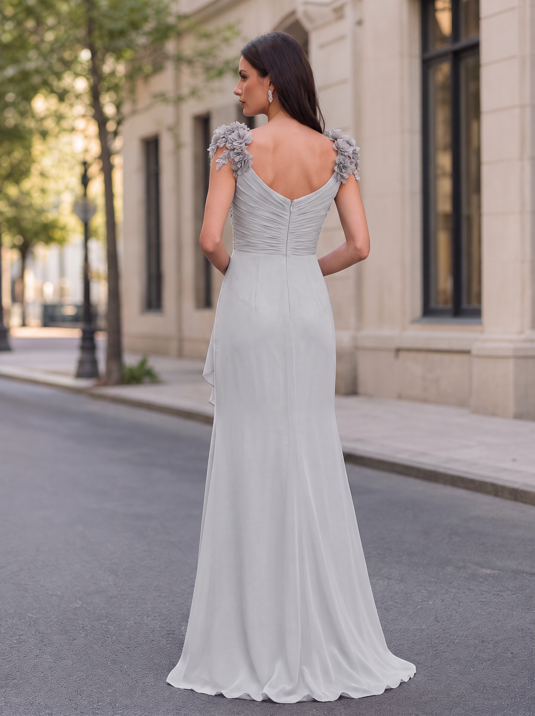 Silver Grey Cowl Neck Sleeveless 3D Floral Draped Split Sheath Floor-Length Gown Dress