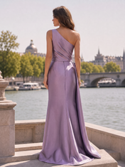 Lilac One-Shoulder Bow Draped Satin Floor-Length Gown Dress 