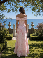 Blush Pink Floral Jacquard Off-The-Shoulder High-Slit High-Low Floor-Length Gown Dress