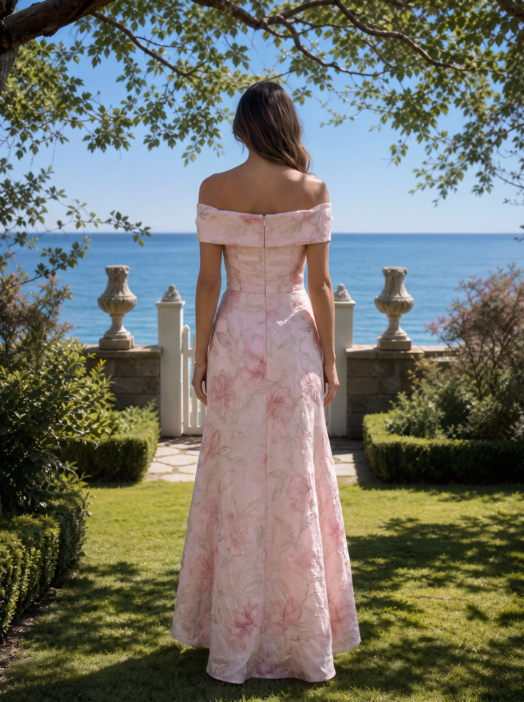 Blush Pink Floral Jacquard Off-The-Shoulder High-Slit High-Low Floor-Length Gown Dress